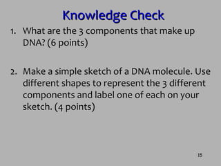 Knowledge CheckKnowledge Check
1. What are the 3 components that make up
DNA? (6 points)
2. Make a simple sketch of a DNA molecule. Use
different shapes to represent the 3 different
components and label one of each on your
sketch. (4 points)
15
 