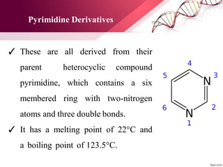 ✓ These are all derived from their
parent heterocyclic compound
pyrimidine, which contains a six
membered ring with two-nitrogen
atoms and three double bonds.
✓ It has a melting point of 22°C and
a boiling point of 123.5°C.
Pyrimidine Derivatives
 