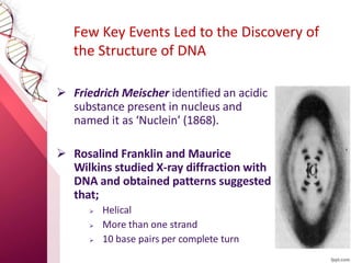  Friedrich Meischer identified an acidic
substance present in nucleus and
named it as ‘Nuclein’ (1868).
 Rosalind Franklin and Maurice
Wilkins studied X-ray diffraction with
DNA and obtained patterns suggested
that;
 Helical
 More than one strand
 10 base pairs per complete turn
Few Key Events Led to the Discovery of
the Structure of DNA
 