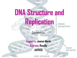 DNA Structure and
   Replication
        Submitted by:

   Esguerra, Joanna Marie
      Evaristo, Roselle
          AAPD2G
                            1
 