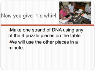Now you give it a whirl.
•Make one strand of DNA using any
of the 4 puzzle pieces on the table.
•We will use the other pieces in a
minute.
 