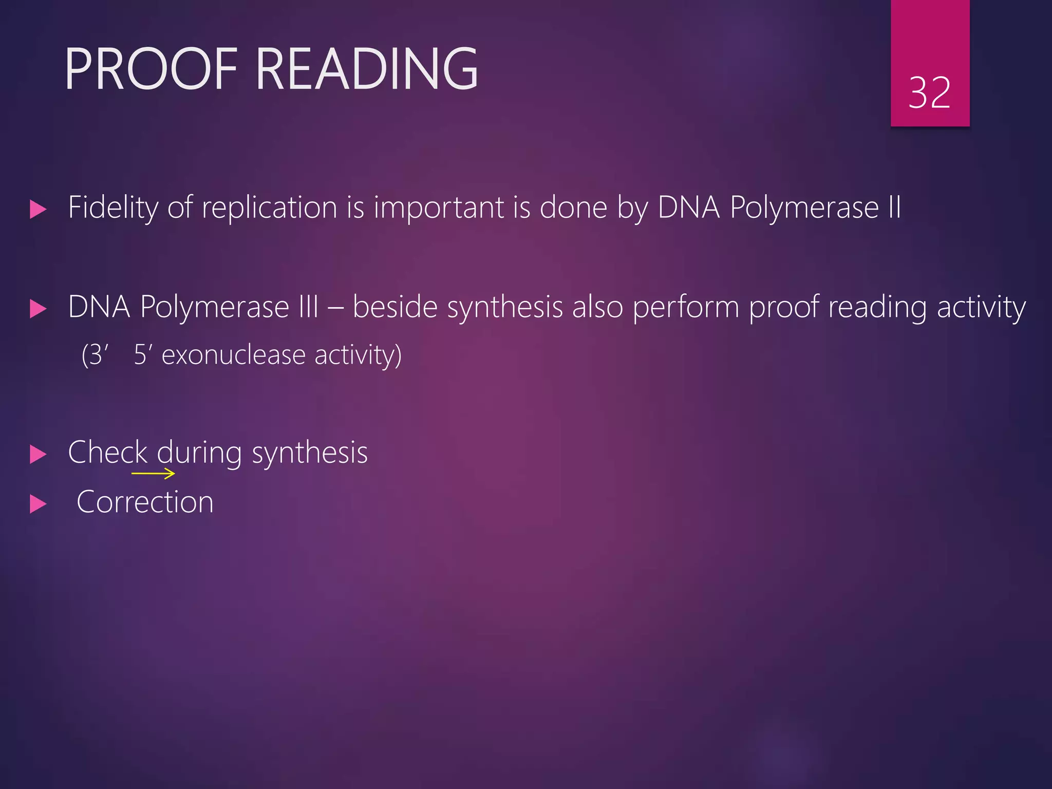 PROOF READING
 Fidelity of replication is important is done by DNA Polymerase II
 DNA Polymerase III – beside synthesis also perform proof reading activity
(3’ 5’ exonuclease activity)
 Check during synthesis
 Correction
32
 