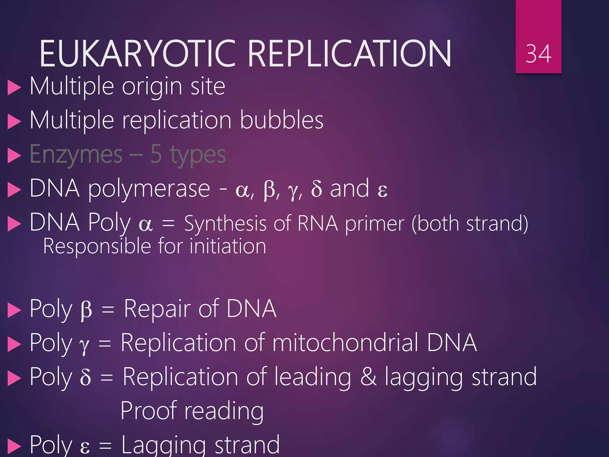 EUKARYOTIC REPLICATION
 Multiple origin site
 Multiple replication bubbles
 Enzymes – 5 types
 DNA polymerase - , , ,  and 
 DNA Poly  = Synthesis of RNA primer (both strand)
Responsible for initiation
 Poly  = Repair of DNA
 Poly  = Replication of mitochondrial DNA
 Poly  = Replication of leading & lagging strand
Proof reading
 Poly  = Lagging strand
34
 