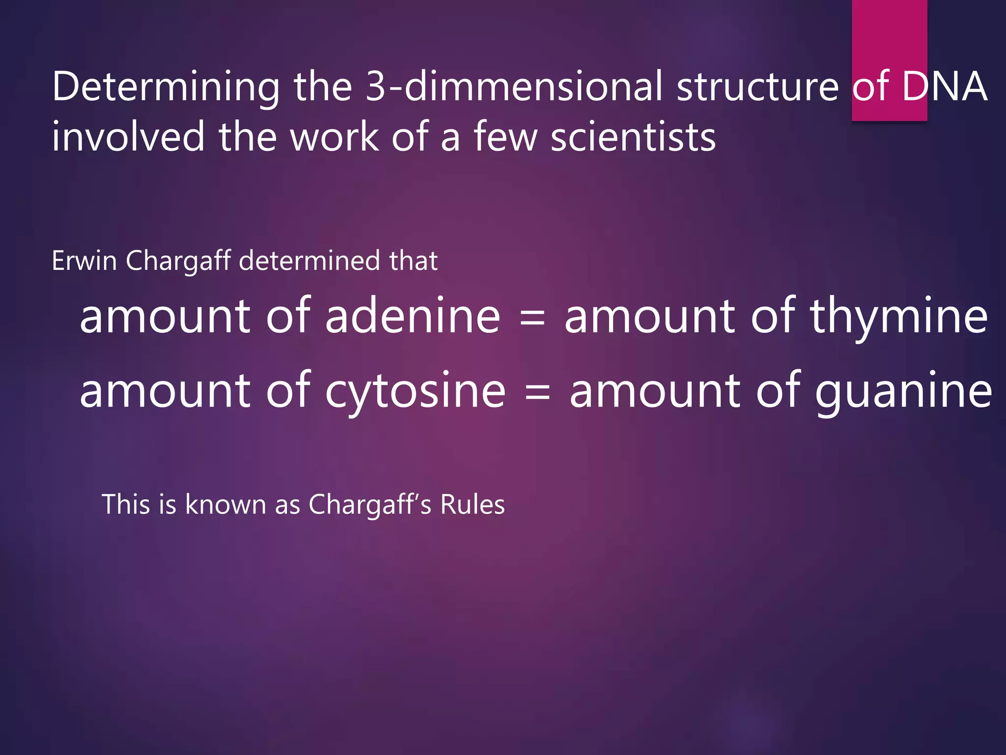Determining the 3-dimmensional structure of DNA
involved the work of a few scientists
Erwin Chargaff determined that
amount of adenine = amount of thymine
amount of cytosine = amount of guanine
This is known as Chargaff’s Rules
 