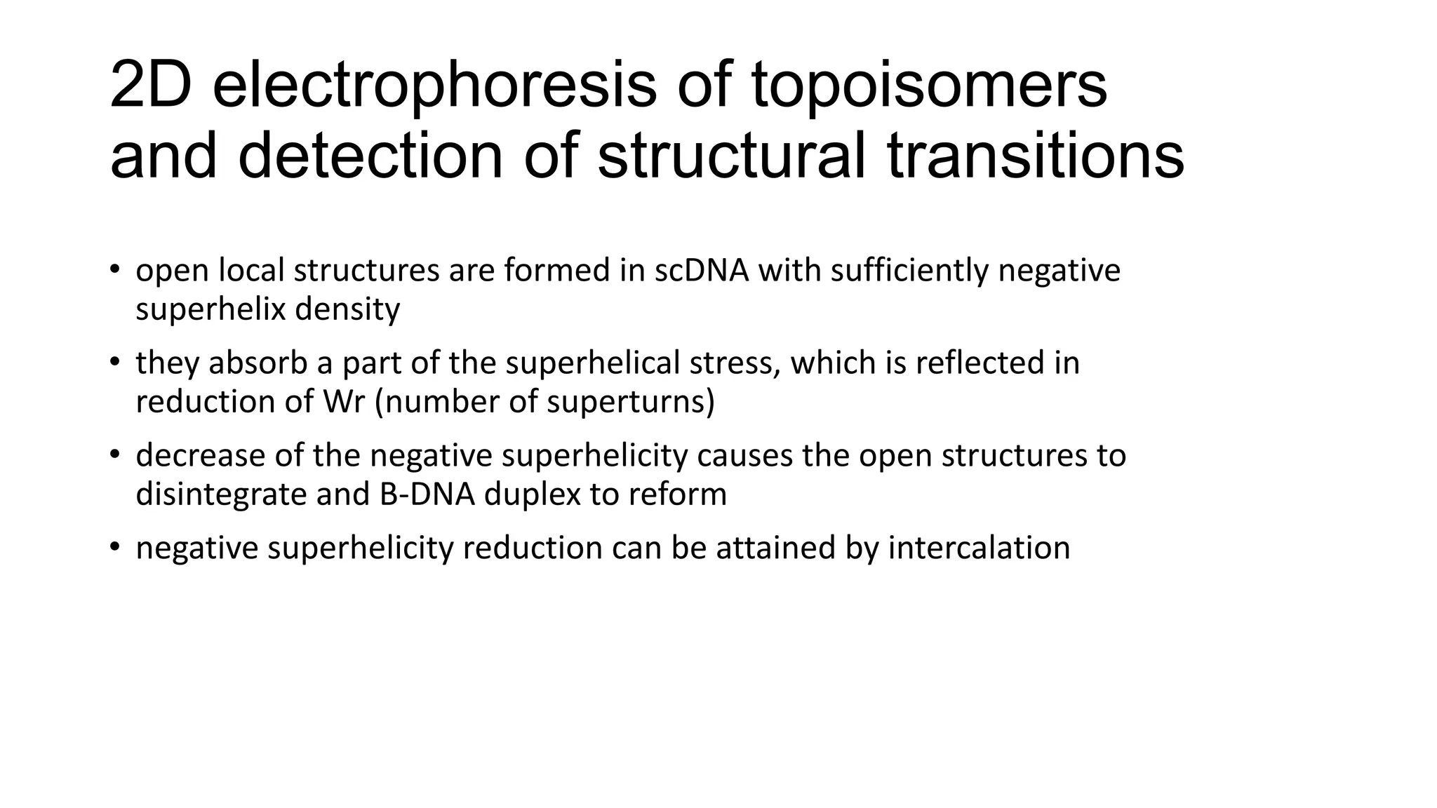 2D electrophoresis of topoisomers
and detection of structural transitions
• open local structures are formed in scDNA with sufficiently negative
superhelix density
• they absorb a part of the superhelical stress, which is reflected in
reduction of Wr (number of superturns)
• decrease of the negative superhelicity causes the open structures to
disintegrate and B-DNA duplex to reform
• negative superhelicity reduction can be attained by intercalation
 