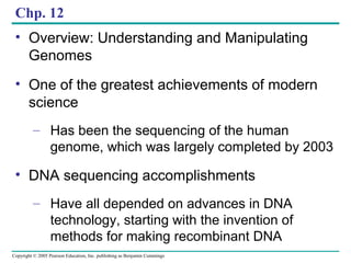 Copyright © 2005 Pearson Education, Inc. publishing as Benjamin Cummings
Chp. 12
• Overview: Understanding and Manipulating
Genomes
• One of the greatest achievements of modern
science
– Has been the sequencing of the human
genome, which was largely completed by 2003
• DNA sequencing accomplishments
– Have all depended on advances in DNA
technology, starting with the invention of
methods for making recombinant DNA
 