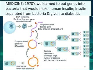 MEDICINE: 1970’s we learned to put genes into
bacteria that would make human insulin; Insulin
separated from bacteria & given to diabetics
Desired human gene
(like insulin production)
12
 