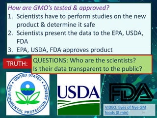 How are GMO’s tested & approved?
1. Scientists have to perform studies on the new
product & determine it safe
2. Scientists present the data to the EPA, USDA,
FDA
3. EPA, USDA, FDA approves product
VIDEO: Eyes of Nye GM
foods (8 min) 24
QUESTIONS: Who are the scientists?
Is their data transparent to the public?
TRUTH:
 