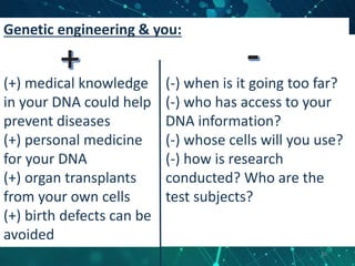 Genetic engineering & you:
(+) medical knowledge
in your DNA could help
prevent diseases
(+) personal medicine
for your DNA
(+) organ transplants
from your own cells
(+) birth defects can be
avoided
(-) when is it going too far?
(-) who has access to your
DNA information?
(-) whose cells will you use?
(-) how is research
conducted? Who are the
test subjects?
36
 