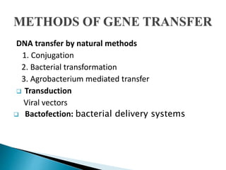 DNA transfer by natural methods
1. Conjugation
2. Bacterial transformation
3. Agrobacterium mediated transfer
 Transduction
Viral vectors
 Bactofection: bacterial delivery systems
 
