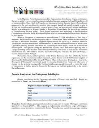 DNA Tribes® Digest December 31, 2010
All contents © 2006-2010 DNA Tribes. DNA Tribes®
DNA Tribes patent pending analysis is available
exclusively from DNA Tribes. All rights reserved.
DNA Tribes® Digest December 31, 2010 Page 4 of 7
Web: www.dnatribes.com; Email: dna@dnatribes.com
Mail: DNA Tribes, P.O. Box 735, Arlington, VA 22216
In the Migration Period that accompanied the fragmentation of the Roman Empire, northwestern
Iberia was settled by new waves of immigrants, including Germanic speaking Suebi and Visigoths as well
as Iranian speaking Alans. Both the Visigoths and Alans came from the Eurasian Steppe (fleeing Hunnic
conquests in the east), recalling the (possibly more ancient) legends of multiple dynastic origins in
Scythia and providing opportunities for contacts between Spain and geographically distant populations.
Another new settlement was Britonia, founded by Romanized Britons fleeing the Anglo-Saxon invasions
of England during the same period. These Britonic newcomers were assimilated by local Romanized
Celtic cultures to form the Suebic Kingdom of Galicia, which in turn was absorbed by the larger Kingdom
of the Visigoths.
However, this pattern of conquests was reversed around 712 AD, when Roderick “Last King of
the Goths” was defeated by the Muslim general Abd al-Aziz ibn Musa. Musa became the first ruler of the
new state of Al-Andalus, part of the Umayyad Caliphate based in the Syrian city of Damascus. However,
following the conquest of most of the Iberian Peninsula by Arab and Berber armies based in North Africa,
a period of generally peaceful coexistence and flourishing of culture began, which was to last several
hundred years. Also present during this period were Saqaliba slaves from Slavic speaking parts of
Europe (including former Scythian and Sarmatian territories) who served as workers and mercenaries
under Muslim rule. One of these Saqaliba was Sabur al-Saqlabi, who ruled the Taifa of Badajoz, a
Muslim state in southern Portugal.
During this period, northern portions of the Iberian Peninsula were less affected by Muslim
expansions, and the mountainous northern region of Asturias became seat of the Christian Kingdom of
Asturias under the leadership of the Visigoth Pelagius. These northern areas developed as a base for the
Reconquista (“Reconquest”) movement, aided by crusading knights from France and other parts of
Europe. As the territorial reconquest by Christian kingdoms progressed from north to south, the variety
of Latin spoken in Galicia spread to become the Portuguese and Galician spoken today in the western
Iberian Peninsula.
Genetic Analysis of the Portuguese Sub-Region
Genetic contributions to the Portuguese sub-region of Europe were identified. Results are
summarized in Table 1 and illustrated in Figure 2.
Region or European Sub‐Region  Genetic Contribution 
Spanish  50.0% 
Belgic  24.9% 
North African  15.2% 
Finnic  4.5% 
Other  5.4% 
Table 1: Genetic contributions to the Portuguese sub-region.
Discussion: Results indicate genetic contributions from several parts of Europe. The largest contribution
identified was Spanish (50.0%). This suggests a predominantly autochthonous origin of Portuguese
populations among populations resident in the Iberian Peninsula since ancient times, perhaps including
 