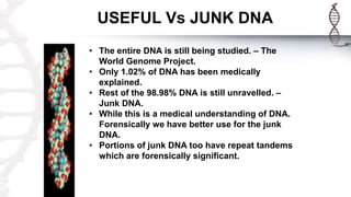 USEFUL Vs JUNK DNA
• The entire DNA is still being studied. – The
World Genome Project.
• Only 1.02% of DNA has been medically
explained.
• Rest of the 98.98% DNA is still unravelled. –
Junk DNA.
• While this is a medical understanding of DNA.
Forensically we have better use for the junk
DNA.
• Portions of junk DNA too have repeat tandems
which are forensically significant.
 