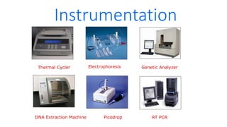 Instrumentation
Thermal Cycler
Picodrop
DNA Extraction Machine
Genetic Analyzer
Electrophoresis
RT PCR
 