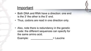 Important
• Both DNA and RNA have a direction: one end
is the 3’ the other is the 5’ end.
• Thus, codons are read in one direction only.
• Also, note there is redundancy in the genetic
code: the different sequences can specify for
the same amino acid.
Example: _______________= Leucine
 