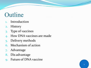 Outline
1. Introduction
2. History
3. Type of vaccines
4. How DNA vaccines are made
5. Delivery methods
6. Mechanism of action
7. Advantage
8. Dis advantage
9. Future of DNA vaccine
1
 