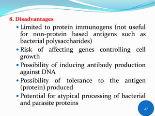8. Disadvantages
 Limited to protein immunogens (not useful
for non-protein based antigens such as
bacterial polysaccharides)
 Risk of affecting genes controlling cell
growth
 Possibility of inducing antibody production
against DNA
 Possibility of tolerance to the antigen
(protein) produced
 Potential for atypical processing of bacterial
and parasite proteins
27
 