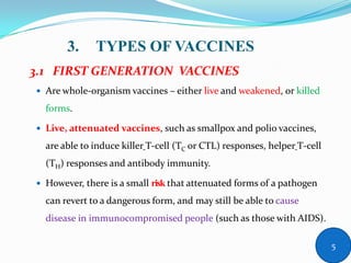 3. TYPES OF VACCINES
3.1 FIRST GENERATION VACCINES
 Are whole-organism vaccines – either live and weakened, or killed
forms.
 Live, attenuated vaccines, such as smallpox and polio vaccines,
are able to induce killer T-cell (TC or CTL) responses, helper T-cell
(TH) responses and antibody immunity.
 However, there is a small risk that attenuated forms of a pathogen
can revert to a dangerous form, and may still be able to cause
disease in immunocompromised people (such as those with AIDS).
5
 