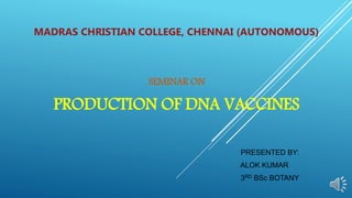 MADRAS CHRISTIAN COLLEGE, CHENNAI (AUTONOMOUS)
SEMINAR ON
PRODUCTION OF DNA VACCINES
PRESENTED BY:
ALOK KUMAR
3RD BSc BOTANY
 