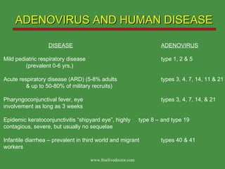 ADENOVIRUS AND HUMAN DISEASE DISEASE ADENOVIRUS Mild pediatric respiratory disease type 1, 2 & 5  (prevalent 0-6 yrs.) Acute respiratory disease (ARD) (5-8% adults types 3, 4, 7, 14, 11 & 21 & up to 50-80% of military recruits) Pharyngoconjunctival fever, eye types 3, 4, 7, 14, & 21 involvement as long as 3 weeks Epidemic keratoconjunctivitis “shipyard eye”, highly  type 8 – and type 19 contagious, severe, but usually no sequelae Infantile diarrhea – prevalent in third world and migrant types 40 & 41  workers www.freelivedoctor.com 