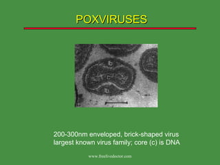 POXVIRUSES 200-300nm enveloped, brick-shaped virus largest known virus family; core (c) is DNA www.freelivedoctor.com 