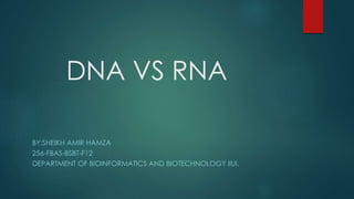 DNA VS RNA
BY:SHEIKH AMIR HAMZA
256-FBAS-BSBT-F12
DEPARTMENT OF BIOINFORMATICS AND BIOTECHNOLOGY IIUI.
 