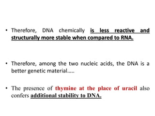 • Therefore, DNA chemically is less reactive and
structurally more stable when compared to RNA.
• Therefore, among the two nucleic acids, the DNA is a
better genetic material…..
• The presence of thymine at the place of uracil also
confers additional stability to DNA.
 