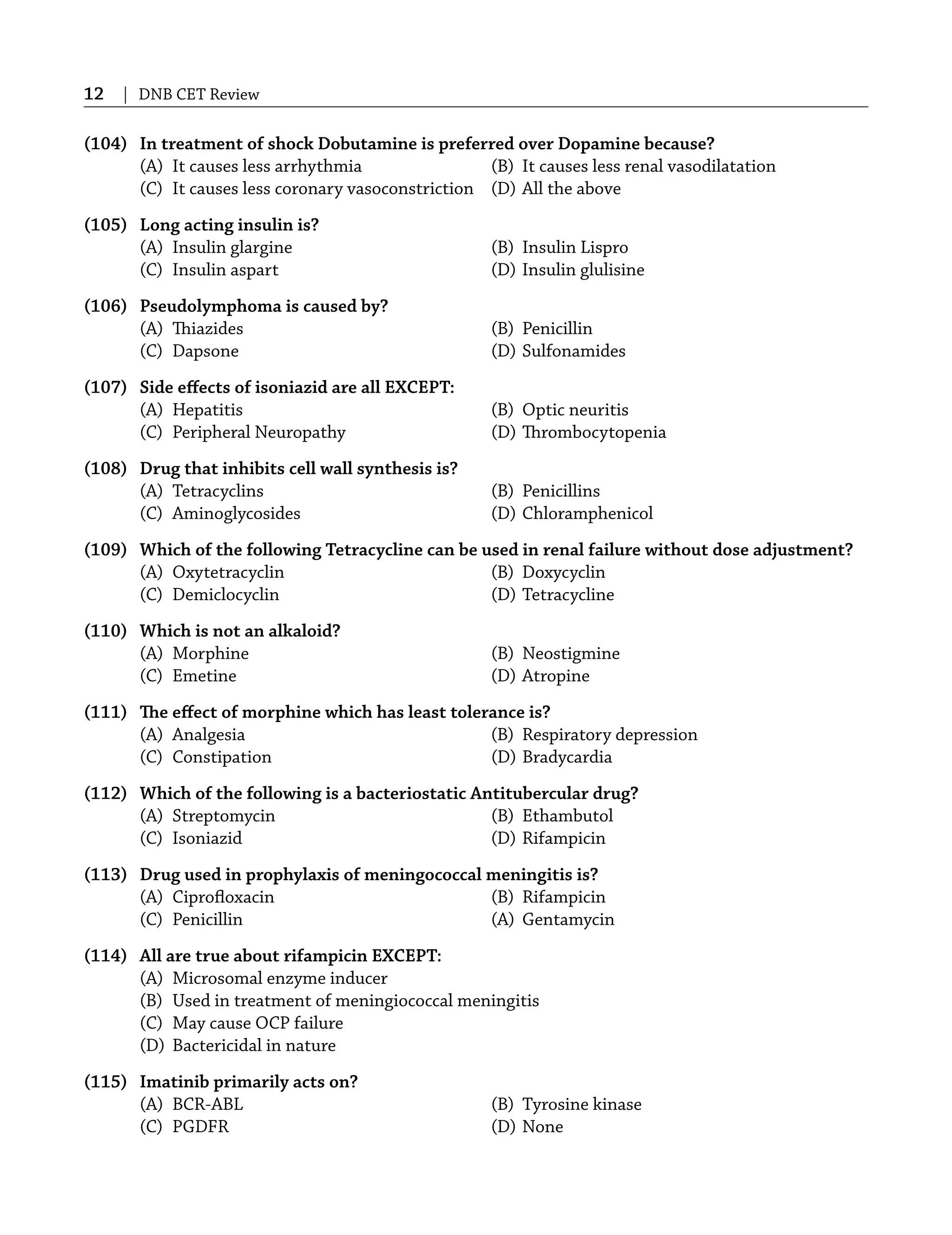 12 | DNB CET Review
(104) In treatment of shock Dobutamine is preferred over Dopamine because?
(A) It causes less arrhythmia (B) It causes less renal vasodilatation
(C) It causes less coronary vasoconstriction (D) All the above
(105) Long acting insulin is?
(A) Insulin glargine (B) Insulin Lispro
(C) Insulin aspart (D) Insulin glulisine
(106) Pseudolymphoma is caused by?
(A) Thiazides (B) Penicillin
(C) Dapsone (D) Sulfonamides
(107) Side eﬀects of isoniazid are all EXCEPT:
(A) Hepatitis (B) Optic neuritis
(C) Peripheral Neuropathy (D) Thrombocytopenia
(108) Drug that inhibits cell wall synthesis is?
(A) Tetracyclins (B) Penicillins
(C) Aminoglycosides (D) Chloramphenicol
(109) Which of the following Tetracycline can be used in renal failure without dose adjustment?
(A) Oxytetracyclin (B) Doxycyclin
(C) Demiclocyclin (D) Tetracycline
(110) Which is not an alkaloid?
(A) Morphine (B) Neostigmine
(C) Emetine (D) Atropine
(111) The eﬀect of morphine which has least tolerance is?
(A) Analgesia (B) Respiratory depression
(C) Constipation (D) Bradycardia
(112) Which of the following is a bacteriostatic Antitubercular drug?
(A) Streptomycin (B) Ethambutol
(C) Isoniazid (D) Rifampicin
(113) Drug used in prophylaxis of meningococcal meningitis is?
(A) Ciproﬂoxacin (B) Rifampicin
(C) Penicillin (A) Gentamycin
(114) All are true about rifampicin EXCEPT:
(A) Microsomal enzyme inducer
(B) Used in treatment of meningiococcal meningitis
(C) May cause OCP failure
(D) Bactericidal in nature
(115) Imatinib primarily acts on?
(A) BCR-ABL (B) Tyrosine kinase
(C) PGDFR (D) None
 