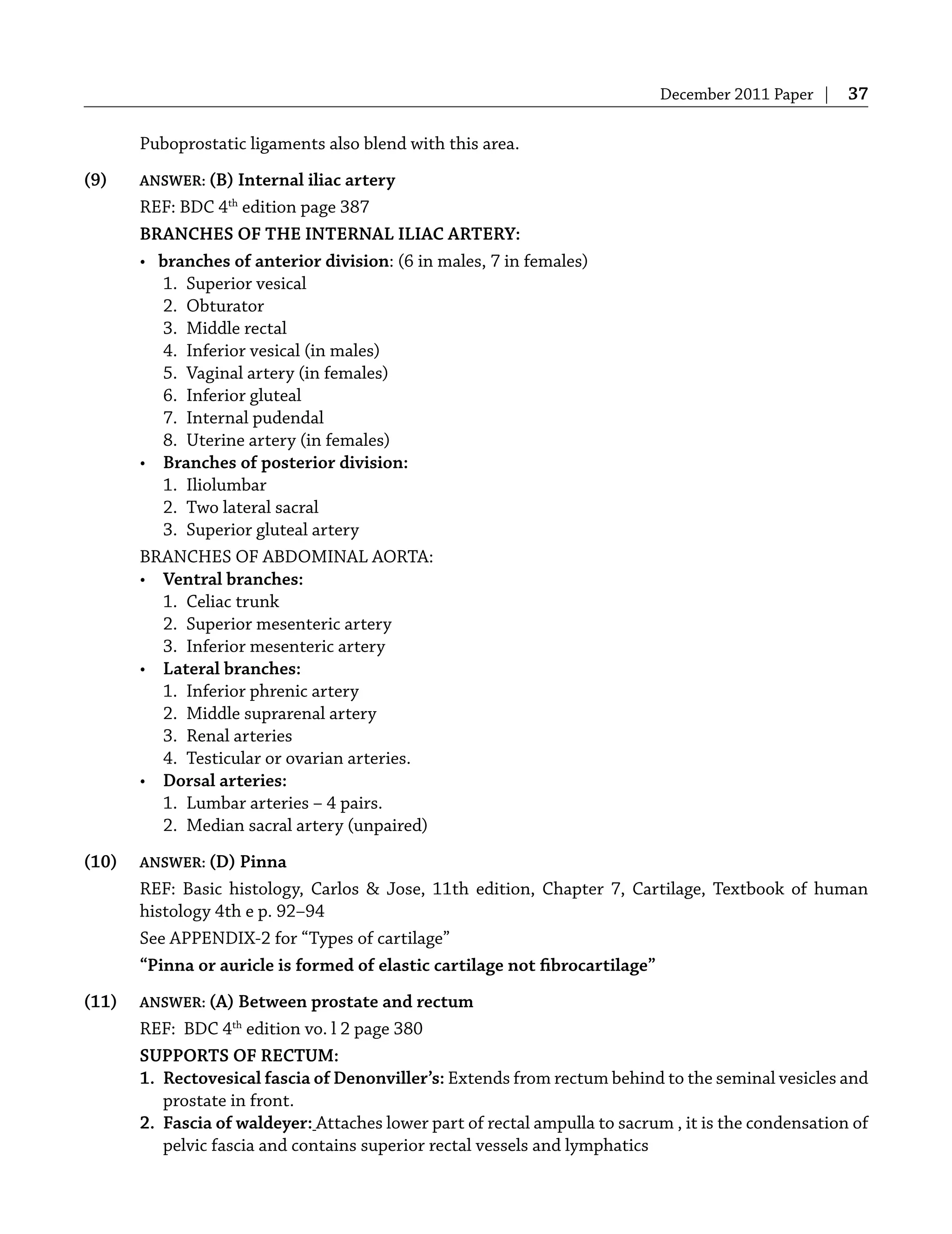 December 2011 Paper | 37
Puboprostatic ligaments also blend with this area.
(9) ANSWER: (B) Internal iliac artery
REF: BDC 4th
edition page 387
BRANCHES OF THE INTERNAL ILIAC ARTERY:
• branches of anterior division: (6 in males, 7 in females)
1. Superior vesical
2. Obturator
3. Middle rectal
4. Inferior vesical (in males)
5. Vaginal artery (in females)
6. Inferior gluteal
7. Internal pudendal
8. Uterine artery (in females)
• Branches of posterior division:
1. Iliolumbar
2. Two lateral sacral
3. Superior gluteal artery
BRANCHES OF ABDOMINAL AORTA:
• Ventral branches:
1. Celiac trunk
2. Superior mesenteric artery
3. Inferior mesenteric artery
• Lateral branches:
1. Inferior phrenic artery
2. Middle suprarenal artery
3. Renal arteries
4. Testicular or ovarian arteries.
• Dorsal arteries:
1. Lumbar arteries – 4 pairs.
2. Median sacral artery (unpaired)
(10) ANSWER: (D) Pinna
REF: Basic histology, Carlos & Jose, 11th edition, Chapter 7, Cartilage, Textbook of human
histology 4th e p. 92–94
See APPENDIX-2 for “Types of cartilage”
“Pinna or auricle is formed of elastic cartilage not ﬁbrocartilage”
(11) ANSWER: (A) Between prostate and rectum
REF: BDC 4th
edition vo. l 2 page 380
SUPPORTS OF RECTUM:
1. Rectovesical fascia of Denonviller’s: Extends from rectum behind to the seminal vesicles and
prostate in front.
2. Fascia of waldeyer: Attaches lower part of rectal ampulla to sacrum , it is the condensation of
pelvic fascia and contains superior rectal vessels and lymphatics
 