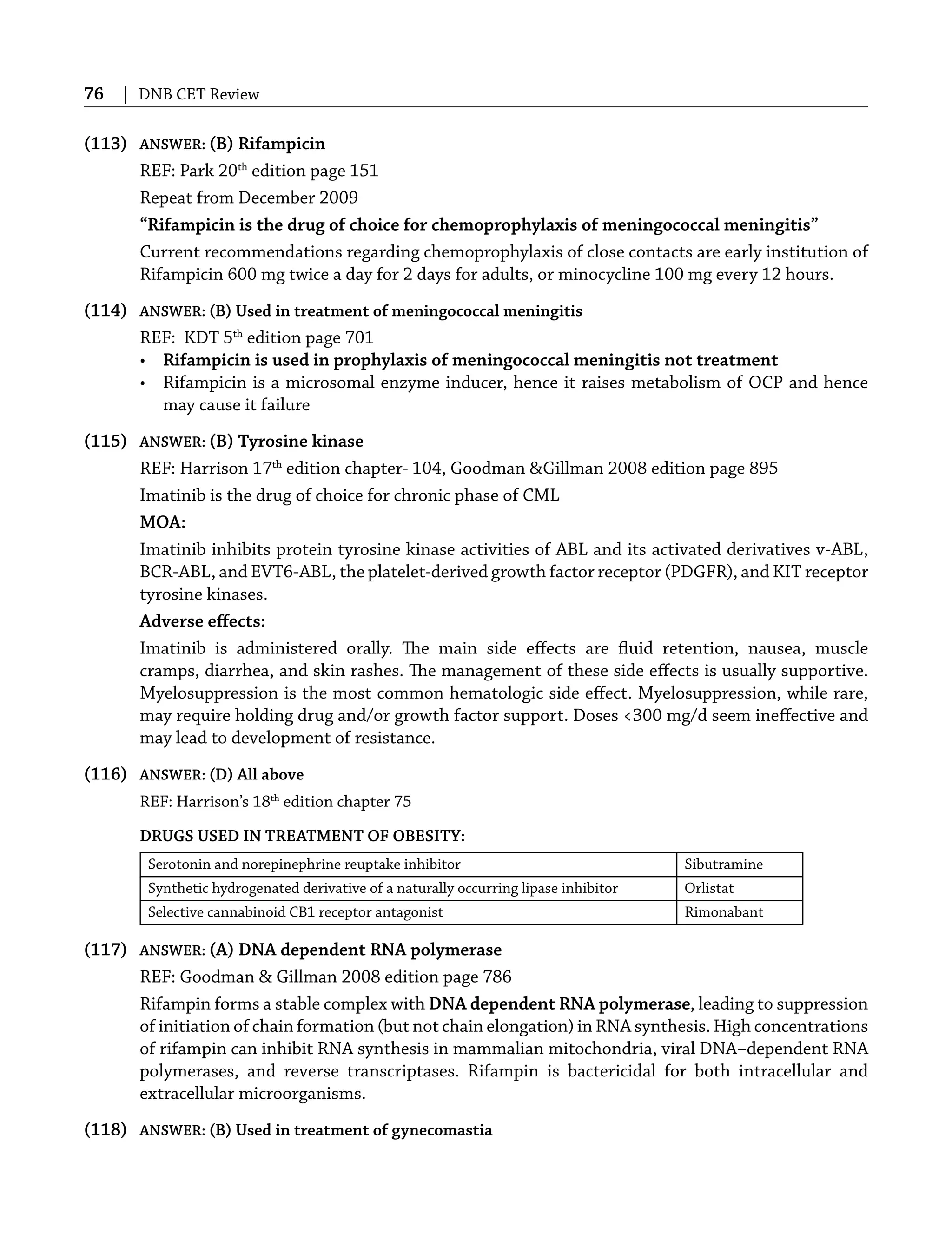 76 | DNB CET Review
(113) ANSWER: (B) Rifampicin
REF: Park 20th
edition page 151
Repeat from December 2009
“Rifampicin is the drug of choice for chemoprophylaxis of meningococcal meningitis”
Current recommendations regarding chemoprophylaxis of close contacts are early institution of
Rifampicin 600 mg twice a day for 2 days for adults, or minocycline 100 mg every 12 hours.
(114) ANSWER: (B) Used in treatment of meningococcal meningitis
REF: KDT 5th
edition page 701
• Rifampicin is used in prophylaxis of meningococcal meningitis not treatment
• Rifampicin is a microsomal enzyme inducer, hence it raises metabolism of OCP and hence
may cause it failure
(115) ANSWER: (B) Tyrosine kinase
REF: Harrison 17th
edition chapter- 104, Goodman &Gillman 2008 edition page 895
Imatinib is the drug of choice for chronic phase of CML
MOA:
Imatinib inhibits protein tyrosine kinase activities of ABL and its activated derivatives v-ABL,
BCR-ABL, and EVT6-ABL, the platelet-derived growth factor receptor (PDGFR), and KIT receptor
tyrosine kinases.
Adverse eﬀects:
Imatinib is administered orally. The main side eﬀects are ﬂuid retention, nausea, muscle
cramps, diarrhea, and skin rashes. The management of these side eﬀects is usually supportive.
Myelosuppression is the most common hematologic side eﬀect. Myelosuppression, while rare,
may require holding drug and/or growth factor support. Doses <300 mg/d seem ineﬀective and
may lead to development of resistance.
(116) ANSWER: (D) All above
REF: Harrison’s 18th
edition chapter 75
DRUGS USED IN TREATMENT OF OBESITY:
Serotonin and norepinephrine reuptake inhibitor Sibutramine
Synthetic hydrogenated derivative of a naturally occurring lipase inhibitor Orlistat
Selective cannabinoid CB1 receptor antagonist Rimonabant
(117) ANSWER: (A) DNA dependent RNA polymerase
REF: Goodman & Gillman 2008 edition page 786
Rifampin forms a stable complex with DNA dependent RNA polymerase, leading to suppression
of initiation of chain formation (but not chain elongation) in RNA synthesis. High concentrations
of rifampin can inhibit RNA synthesis in mammalian mitochondria, viral DNA–dependent RNA
polymerases, and reverse transcriptases. Rifampin is bactericidal for both intracellular and
extracellular microorganisms.
(118) ANSWER: (B) Used in treatment of gynecomastia
 