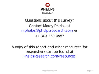 Questions about this survey?
Contact Marcy Phelps at
mphelps@phelpsresearch.com or
+1 303.239.0657
A copy of this report and other resources for
researchers can be found at
PhelpsResearch.com/resources
PhelpsResearch.com Page 11
 