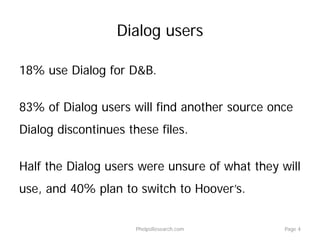 Dialog users
18% use Dialog for D&B.
83% of Dialog users will find another source once
Dialog discontinues these files.
Half the Dialog users were unsure of what they will
use, and 40% plan to switch to Hoover’s.
PhelpsResearch.com Page 4
 