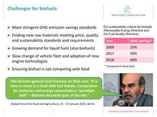 Challenges for biofuels
 More stringent GHG emission savings standards
 Finding new raw materials meeting price, quality
and sustainability standards and requirements
 Growing demand for liquid fuels (also biofuels)
 Slow change of vehicle fleet and adoption of new
engine technologies
 Ensuring biofuel is not competing with food
Year GHG savings*
2009 35%
2017 50%
2018 60%
EU sustainability criteria for biofuels
(Renewable Energy Directive and
the Fuel Quality Directive)
* Compared to fossil fuels
Global Forum for Food and Agriculture, 15 - 17 January 2015, Berlin
FAO director-general José Graziano da Silva says: “It is
time to move to a food AND fuel debate. Competition
for resources and energy necessitates a "paradigm
shift" – Biofuels should be part of the mix.”
 