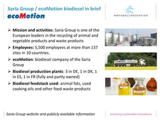 Saria Group / ecoMotion biodiesel in brief
 Mission and activities: Saria Group is one of the
European leaders in the recycling of animal and
vegetable products and waste products
 Employees: 5,500 employees at more than 137
sites in 10 countries.
 ecoMotion: biodiesel company of the Saria
Group
 Biodiesel production plants: 3 in DE, 1 in DK, 1
in ES, 1 in FR (fully and partly owned)
 Biodiesel feedstock used: animal fats, used
cooking oils and other food waste products
Saria Group website and publicly available information
 
