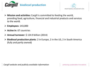 biodiesel production
 Mission and activities: Cargill is committed to feeding the world,
providing food, agriculture, financial and industrial products and services
to the world.
 Employees: 143,000
 Active in: 67 countries
 Annual turnover: $ 134.9 billion (2014)
 Biodiesel production plants: 2 in Europe, 2 in the US, 2 in South America
(fully and partly owned)
Cargill website and publicly available information
 