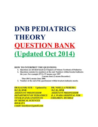 DNB PEDIATRICS 
THEORY 
QUESTION BANK 
(Updated Oct 2014) 
HOW TO INTERPRET THE QUESTIONS 
1. Questions are divided based on Chapters of Nelsons Textbook of Pediatrics 
2. Questions contain two numbers at the end. Numbers within bracket indicates 
the year. For example (97/1)- 97 means year 1997 
1 means June (2 means December) 
Thus (06/1) means June 2006 
3. Number at the end of the question(not within bracket) indicates marks 
DR KAUSIK SUR / Updated by DR. NOELLA PEREIRA 
D.C.H, DNB D.C.H., DNB 
ASSISTANT PREOFESSOR ASSISTANT PREOFESSOR 
DEPARTMENT OF PEDIATRICS B .J. WADIA HOSPITAL FOR 
VIVEKANANDA INSTITUTE CHILDREN. MUMBAI 
OF MEDICAL SCIENCES 
KOLKATA 
e-mail- kausiksur@gmail.com 
 