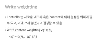 Write weighting
• Controller는 새로운 메모리 혹은 content에 의해 결정된 위
치에 쓸 수 있고, 아얘 쓰지 않겠다고 결정할 수 있음
• Write content weighting 𝒄𝒕
𝒘
∈ 𝒮.
• 𝒄𝒕
𝒘
= 𝒞 𝑀>E1, 𝒌𝒕
𝒘
, 𝛽>
7
 
