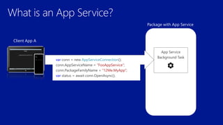 Client App A
Package with App Service
App Service
Background Task
var conn = new AppServiceConnection();
conn.AppServiceName = “FooAppService”;
conn.PackageFamilyName = “12Me.MyApp“;
var status = await conn.OpenAsync();
 