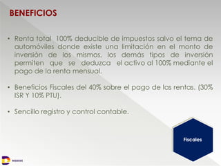 NEGOCIOS
BENEFICIOS
• Renta total 100% deducible de impuestos salvo el tema de
automóviles donde existe una limitación en el monto de
inversión de los mismos, los demás tipos de inversión
permiten que se deduzca el activo al 100% mediante el
pago de la renta mensual.
• Beneficios Fiscales del 40% sobre el pago de las rentas. (30%
ISR Y 10% PTU).
• Sencillo registro y control contable.
Fiscales
 