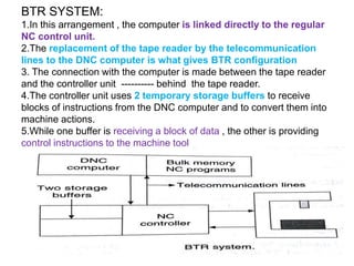 BTR SYSTEM:
1.In this arrangement , the computer is linked directly to the regular
NC control unit.
2.The replacement of the tape reader by the telecommunication
lines to the DNC computer is what gives BTR configuration
3. The connection with the computer is made between the tape reader
and the controller unit ---------- behind the tape reader.
4.The controller unit uses 2 temporary storage buffers to receive
blocks of instructions from the DNC computer and to convert them into
machine actions.
5.While one buffer is receiving a block of data , the other is providing
control instructions to the machine tool
 