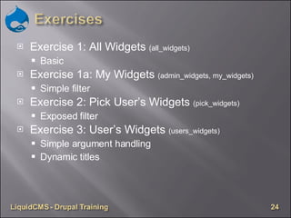 Exercise 1: All Widgets  (all_widgets) Basic Exercise 1a: My Widgets  (admin_widgets, my_widgets) Simple filter Exercise 2: Pick User’s Widgets  (pick_widgets) Exposed filter Exercise 3: User’s Widgets  (users_widgets) Simple argument handling Dynamic titles 