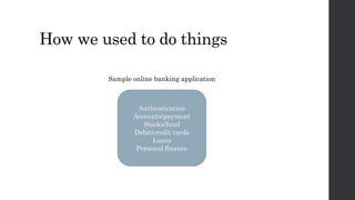 How we used to do things
Authentication
Accounts/payment
Stocks/fund
Debit/credit cards
Loans
Personal finance
Sample online banking application
 