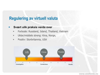www.vestforsk.no
Regulering av virtuell valuta
 Svært ulik praksis verda over
 Forbode: Russland, Island, Thailand, Vietnam
 Uklar/middels streng: Kina, Norge,
 Positiv: Storbritannia, USA
 