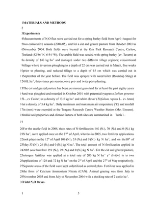 1MATERIALS AND METHODS
 2
 3Experiments
 4Measurements of N2O flux were carried out for a spring barley field from April–August for
 5two consecutive seasons (2004/05), and for a cut and grazed pasture from October 2003 to
 6November 2004. Both fields were located at the Oak Park Research Centre, Carlow,
 7Ireland (52o86′ N, 6o54′ W). The arable field was seeded with spring barley (cv. Tavern) at
 8a density of 140 kg ha-1 and managed under two different tillage regimes; conventional
 9tillage where inversion ploughing to a depth of 22 cm was carried out in March, five weeks
10prior to planting, and reduced tillage to a depth of 15 cm which was carried out in
11September of the year before. The field was sprayed with weed killer (Roundup Sting) at
124.0L ha-1, three times per season, once pre- and twice post-planting.

13The cut and grazed pasture has been permanent grassland for at least the past eighty years
14and was ploughed and reseeded in October 2001 with perennial ryegrass (Lolium perenne
15L., cv Cashel) at a density of 13.5 kg ha -1 and white clover (Trifolium repens L., cv Aran)
16at a density of 3.4 kg ha-1. Daily minimum and maximum air temperature (oC) and rainfall
17in (mm) were recorded at the Teagasc Research Centre Weather Station (Met Eireann).
18Initial soil properties and climate factors of both sites are summarized in   Table 1.

19

20For the arable field in 2004, three rates of N-fertilization 140 (N1), 70 (N2) and 0 (N3) kg
21N ha-1, were applied once on the 27th of April, whereas in 2005, two fertilizer applications
22took place on the 12th of April 106 (N1), 53 (N2) and 0 (N3) kg N ha-1, and on the10th of
23May 53 (N1), 26 (N2) and 0 (N3) kg N ha-1. The total amount of N-fertilization applied in
242005 was therefore 159 (N1), 79 (N2) and 0 (N3) kg N ha-1. For the cut and grazed pasture,
25nitrogen fertilizer was applied at a total rate of 200 kg N ha -1 y-1 divided in to two
26applications of 128 and 72 kg N ha -1 on the 2nd of April and the 27th of May respectively.
27Separate areas of the field were kept unfertilized as control plots. Fertilizer was applied in
28the form of Calcium Ammonium Nitrate (CAN). Animal grazing was from July to
29November 2003 and from July to November 2004 with a stocking rate of 2 cattle ha-1.
30Field N2O fluxes


 1                                              5
 