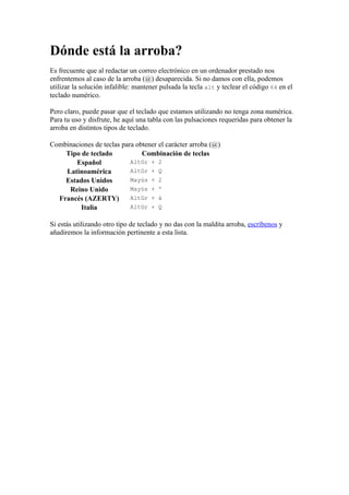 Dónde está la arroba?
Es frecuente que al redactar un correo electrónico en un ordenador prestado nos
enfrentemos al caso de la arroba (@) desaparecida. Si no damos con ella, podemos
utilizar la solución infalible: mantener pulsada la tecla alt y teclear el código 64 en el
teclado numérico.

Pero claro, puede pasar que el teclado que estamos utilizando no tenga zona numérica.
Para tu uso y disfrute, he aquí una tabla con las pulsaciones requeridas para obtener la
arroba en distintos tipos de teclado.

Combinaciones de teclas para obtener el carácter arroba (@)
    Tipo de teclado            Combinación de teclas
       Español             AltGr + 2
    Latinoamérica          AltGr + Q
    Estados Unidos         Mayús + 2
     Reino Unido           Mayús + '
  Francés (AZERTY)         AltGr + à
         Italia            AltGr + Q


Si estás utilizando otro tipo de teclado y no das con la maldita arroba, escríbenos y
añadiremos la información pertinente a esta lista.
 