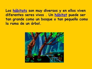 Los hábitats son muy diversos y en ellos viven
diferentes seres vivos . Un hábitat puede ser
tan grande como un bosque o tan pequeño como
la rama de un árbol.
 
