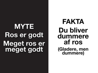 FAKTA
Du bliver
dummere
af ros
(Gladere, men
dummere)
MYTE
Ros er godt
Meget ros er
meget godt
 