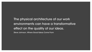 The physical architecture of our work
environments can have a transformative
effect on the quality of our ideas.
Steve Johnson, Where Good Ideas Come From
 