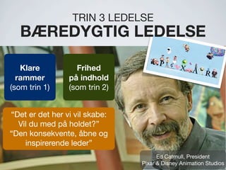 Klare
rammer
(som trin 1)
Frihed
på indhold
(som trin 2)
“Det er det her vi vil skabe:
Vil du med på holdet?”
“Den konsekvente, åbne og
inspirerende leder”
Ed Catmull, President
Pixar & Disney Animation Studios
TRIN 3 LEDELSE
BÆREDYGTIG LEDELSE
 