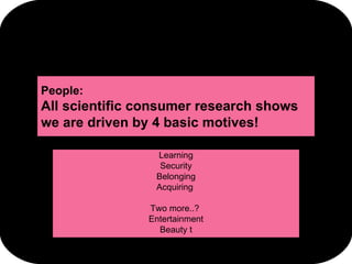 People:  All scientific consumer research shows we are driven by 4 basic motives! Learning Security Belonging Acquiring  T...