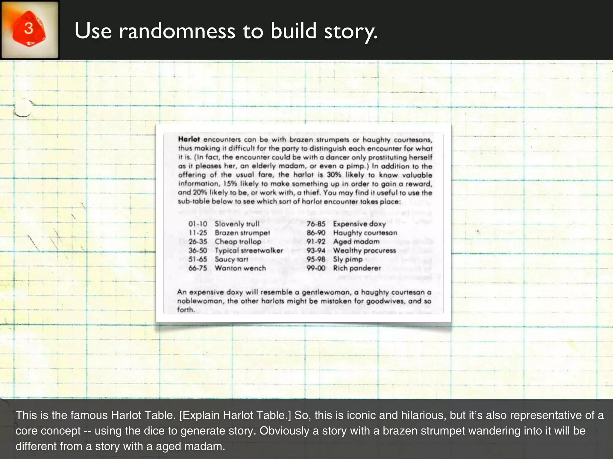 Use randomness to build story.




This is the famous Harlot Table. [Explain Harlot Table.] So, this is iconic and hilarious, but it’s also representative of a
core concept -- using the dice to generate story. Obviously a story with a brazen strumpet wandering into it will be
different from a story with a aged madam.
 